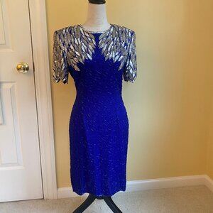 STENAY vintage royal blue silk fully beaded sequin dress, size 6.